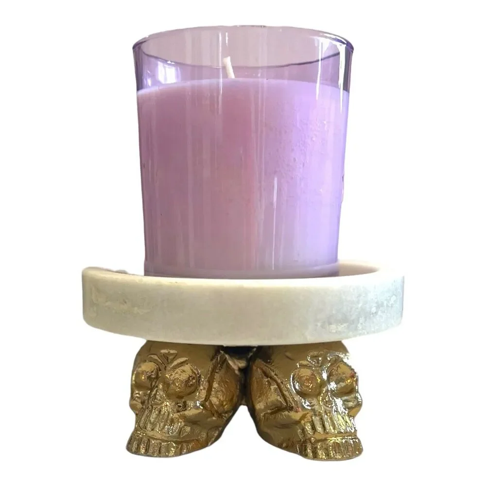 Brass Skulls And Natural Stone Marble Candle Holder Halloween Gothic NEW